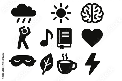 Stress Management Icons. Stress Management silhouette icon set. cloud, rain, sun, brain, stretching person, music note, journal, heart, sleep mask, leaf, cup of tea, lightning bolt