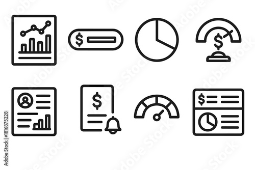 Financial Planning Icons. Budgeting Tools linear icon set: expense tracker chart, income input field, category pie graph, savings goal meter, monthly report card, bill reminder