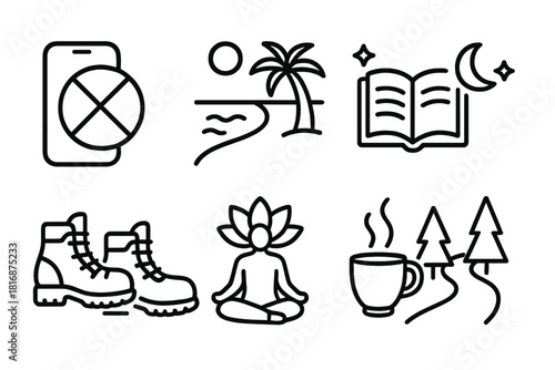 Digital Detox Symbols. Digital Detox linear icon set: crossed-out phone, beach, hiking boots, book pages, starry night, cup, mindfulness icon, path through trees