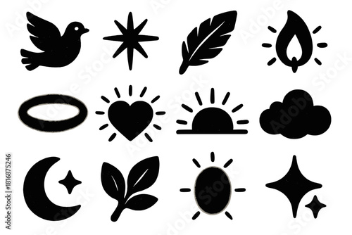 Brutalist Heavenly Icons. Heavenly Calm silhouette icon set : dove, radiant star, feather, candle flame, halo ring, glowing heart, sunrise glow, soft cloud, moonlight, peace leaf