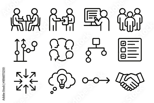 Collaboration Workflow Icons. Collaboration Workflow Set linear icon set: shared workspace, task handoff, co-editing document, team huddle, project timeline, communication loop