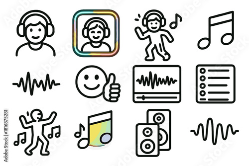 Music Streaming Vibes. Music Reaction Stream linear icon set. headphones, glowing LED lights, song waveform, joyful smile, dancing motion, music note icons, thumbs-up emoji