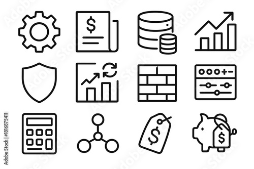 Operational Cost Icons. Operational Cost Control linear icon set. gear icon, budget document, data stream, secure server, performance chart, shield emblem, optimization arrows