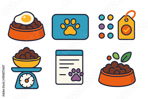 Pet Nutrition Icons. Daily Pet Nutrition Elements flat icon set: breakfast bowl, feeding mat, water dish, calorie tag, portion scale, nutrient dots, meal plan sheet, healthy kibble