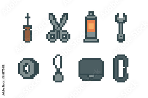 Compact Repair Kit Icons. Compact Fix Kit pixel style icon set: mini screwdriver, foldable scissors, patch tube, tiny wrench, repair tape roll, needle threader, compact case