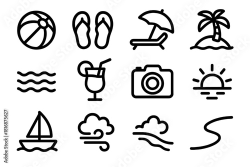 Vacation Icon Set. Vacation & Leisure Symbols linear icon set: beach ball, flip-flops, sun chair, umbrella shade, island outline, wave icon, tropical drink, camera lens, sunset arc