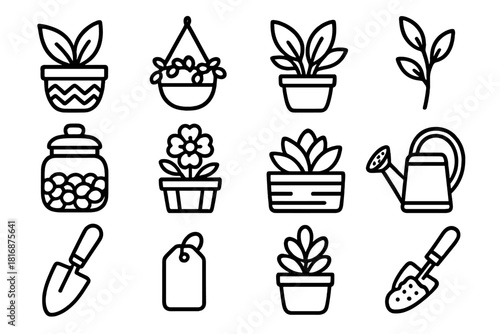 Decorative Plant Icons. Decorative Pots linear icon set: patterned pot, hanging basket, indoor plant, leaf stem, ceramic jar, pebble layer, flower bloom, wooden planter, succulent
