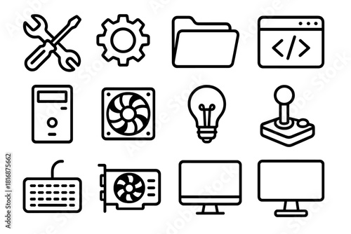 Tech Icon Collection. Modding and Customization linear icon set: wrench, screwdriver, gear, folder, code window, computer tower, fan, light bulb, joystick, keyboard, GPU card