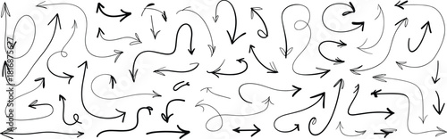 Collection of hand drawn doodle arrows with curved lines, sketch style direction symbols for design elements, highlights, presentations, creative projects