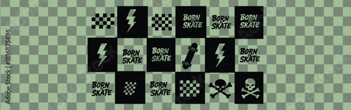Skateboarding themed pattern with checkered flags lightning bolts skulls and skateboards design