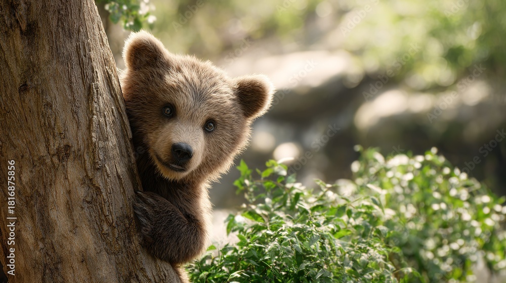 Obraz premium curious brown bear cub peeking out from behind large tree trunk in sunlit lush green woodland setting