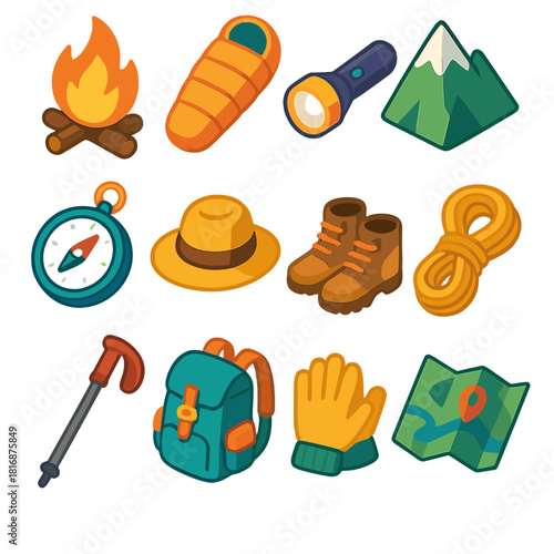 Outdoor Adventure Icons. Outdoor expedition flat icons set. campfire, sleeping bag, flashlight, mountain, compass, hat, boots, rope, hiking pole, backpack, gloves, map