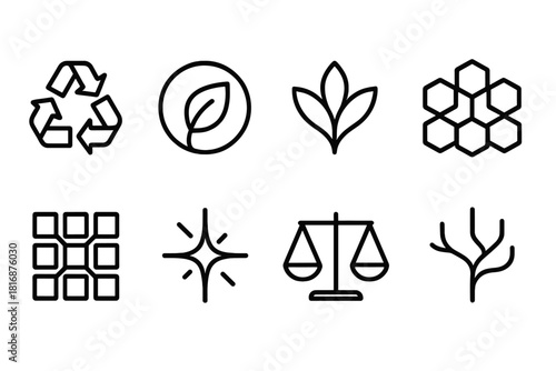 Eco Innovation Icons. Plant-based innovation symbols linear icon set: renewal loop, eco circle, harmony leaf, biomimicry pattern, natural grid, green spark, balanced scale, organic