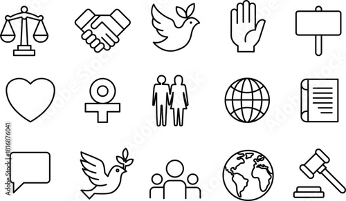 Social justice peace human rights equality love and global unity line art sign 