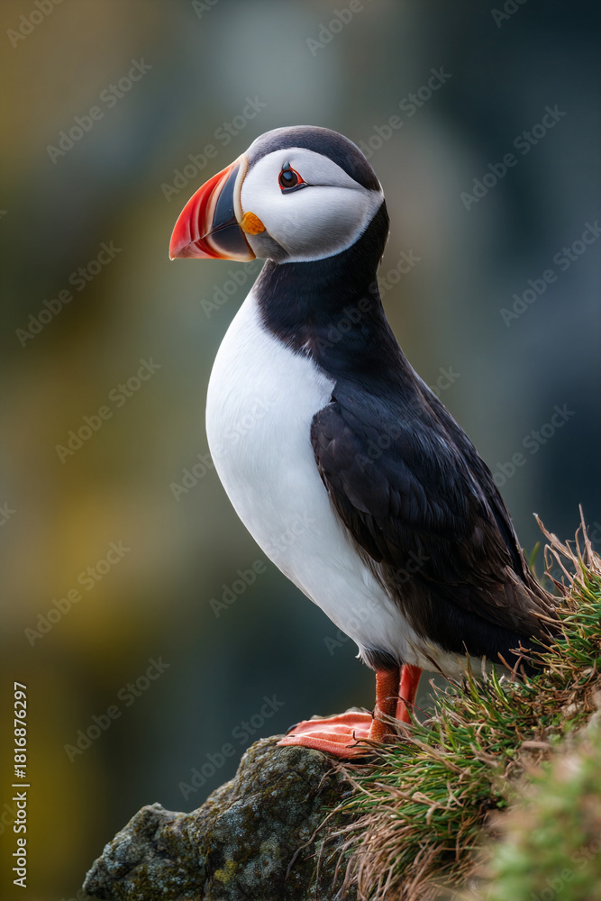 Obraz premium American puffin perched on coastal rock in Iceland’s rugged landscape