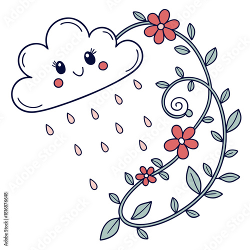 Cute smiling cloud raining pink drops with floral vine