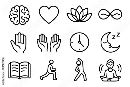 Icons of Balance. Body and mind balance linear icon set: brain, heart, lotus, infinity symbol, breath wave, open hands, clock, sleep moon, book, exercise icon, stretch figure, calm