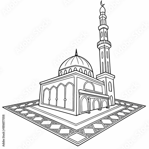 Line art illustration of a mosque with dome and minaret on a prayer rug