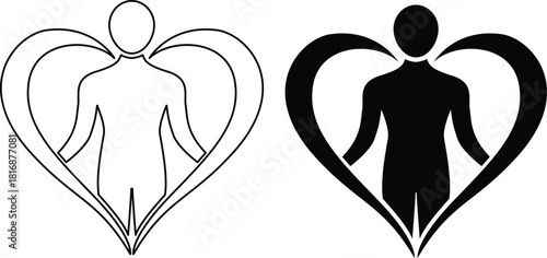 Human figure enveloped by a heart symbolizing love self-care and personal health presented as a silhouette and an outline vector art