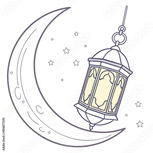 Ramadan lantern and crescent moon with stars illustration