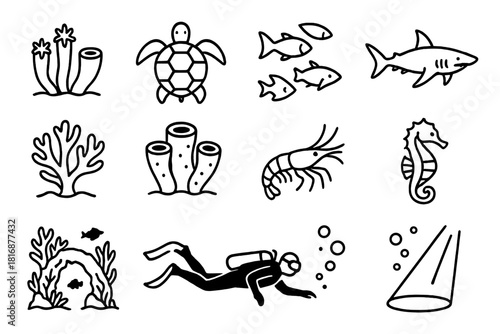Marine Life Icons. Marine Biodiversity linear icon set: coral polyps, sea turtle, school of fish, reef shark, soft coral, sponge, shrimp, seahorse, coral arch, diver silhouette