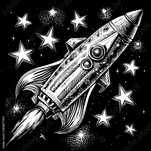 Retro rocket ship blasting through a starry night sky