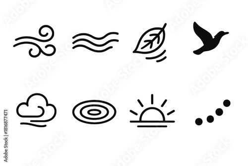 Nature Movement Icons. Nature Movement linear icon set: breeze swirl, river flow, drifting leaf, migrating bird, cloud sweep, water ripple, sun ray arc, natural motion dot