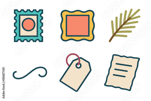 Minimalist Postcard Icons. Classic Postcards flat icons set. postage stamp, ornate text, pine sprig, ink line, tag, vintage paper