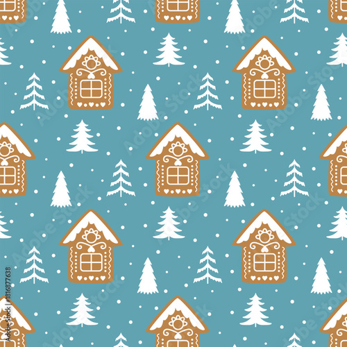 Gingerbread cookies and Christmas tree seamless pattern, ideal for holiday cards, wrapping paper.