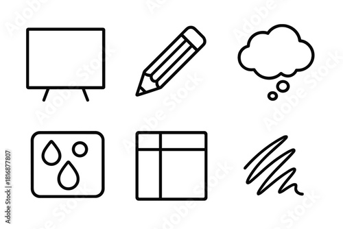 Artistic Process Icons. Creative Beginning linear icon set: empty canvas, pencil outline, color swatch, concept bubble, layout grid, initial sketch mark