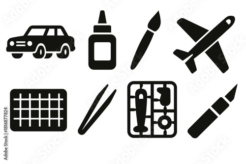 Brutalist Scale Model Icons. Scale Modeling Set silhouette icon set: miniature car, glue bottle, paintbrush, model airplane, cutting mat, tweezers, sprue, hobby knife