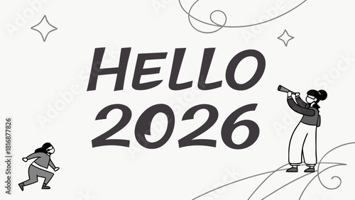 Hello 2026 vector illustration featuring people looking towards the future with optimism in a minimalist style