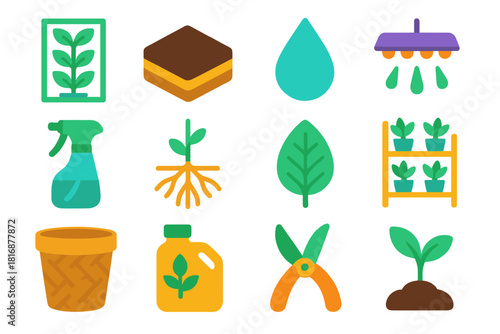 Modern Green Icons. Green Interior Design flat icons set. vertical planter, soil layer, water droplet, LED grow light, plant misting bottle, root network, air-purifying leaf, plant