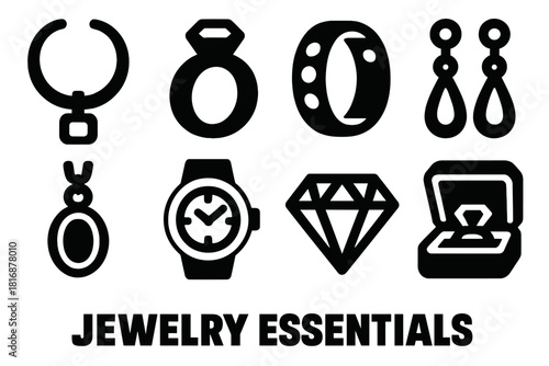 Brutalist Jewelry Icons. Jewelry Essentials silhouette icon set: necklace, ring, bracelet, earrings, pendant, watch, diamond, jewelry box