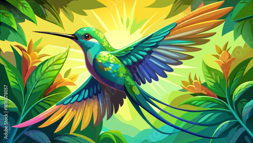 Very beautiful close-up of a Swallow-tailed Hummingbird, its shimmering blue-green feathers glowing brilliantly in tropical sunlight, capturing the elegance, vibrant colors, and delicate grace of this