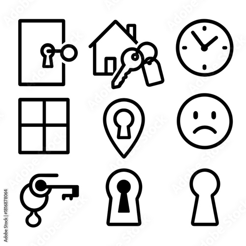 Home Locked Symbols. Home access issue concept linear icon set: locked door, key in lock, house silhouette, keychain, clock, sigh emoji, window, keyhole