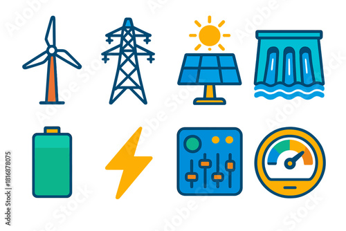 Clean Energy Icons. Clean Energy Systems flat icon set: turbine, power grid, solar cell, hydro dam, battery storage, lightning bolt, control panel, efficiency gauge