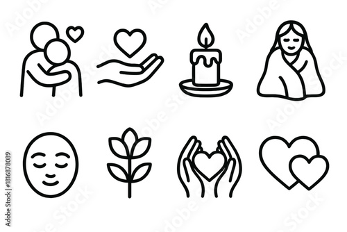 Symbols of Comfort. Emotional Nurture linear icon set. comforting hug, heart warmth, caring gesture, candlelight, cozy blanket, peaceful face, flower bloom, shared heart.