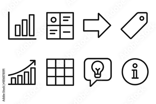 Infographic Icon Set. Information Design linear icon set: data chart, infographic blocks, clarity arrow, label tag, visual hierarchy bars, structure grid, insight bubble, info icon