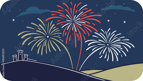 Fireworks illustration over a cityscape at night vector graphic for celebration and holiday events isolated on dark background