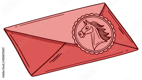 Red envelope with a horse seal hand-drawn vector illustration for correspondence isolated on white background