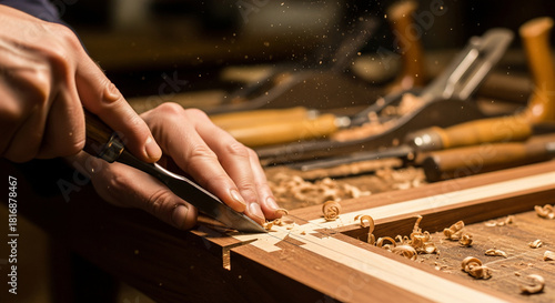 Precision craft of dovetail joint being created in fine mahogany for a synagogue Torah Ark construction