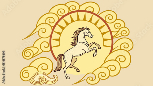 Horse rearing up in a sunburst circle surrounded by clouds vector illustration for mythology and fantasy themes