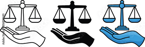 Hand holding the justice balance scales of symbol showing in outline silhouette and flat color styles representing law fairness and equality