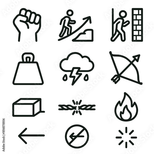 Struggle Icons Collection. Struggle Icons linear icon set: clenched fist, uphill path, broken chain link, challenge wall, heavy weight, storm cloud, tense arrow, endurance flame