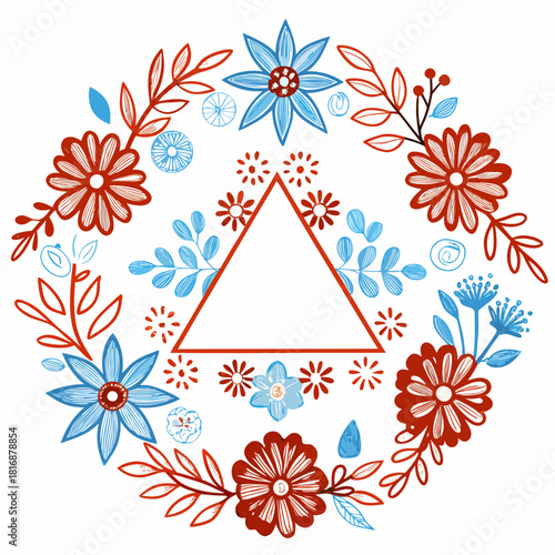 Whimsical floral wreath with triangle frame in red and blue
