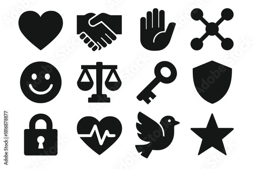 Brutalist Icon Set. Emotional symbols silhouette icon set. heart, handshake, open hand, connected dots, smile, balance scale, key, shield, lock, heart pulse, dove, star