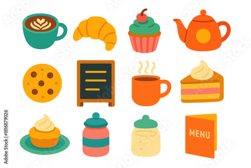 Vibrant Café Icons. Holiday Café Menu flat icons set. coffee cup, latte art, croissant, cupcake, teapot, cookie, menu chalkboard, mug with steam, pastry plate, whipped cream