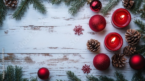 Second Sunday of Advent: During Advent, two red candles are lit, viewed from above. Advent or Christmas background with space for text.