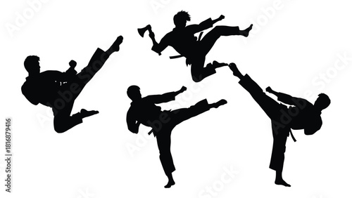 Dynamic martial arts silhouettes with axe isolated on white background, Vector